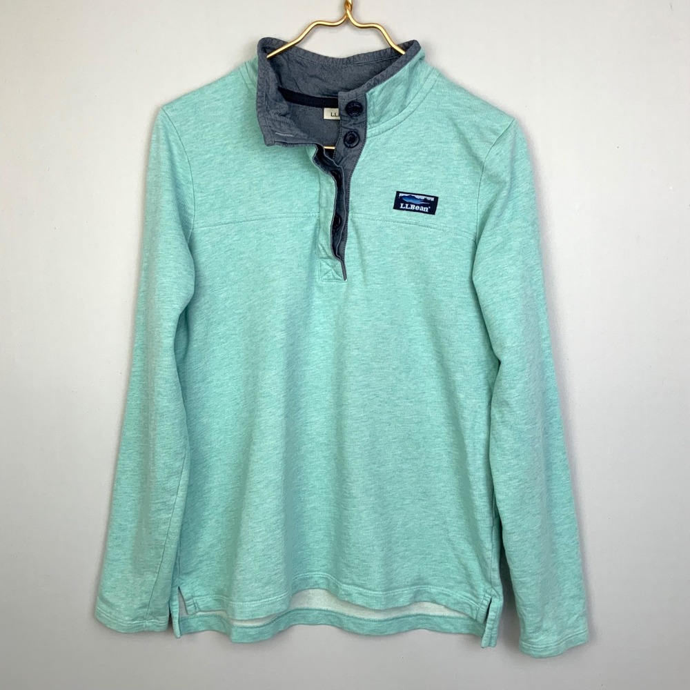 LL Bean Sz Small Aqua Soft Cotton Rugby Quarter Button Henley Collared L/S Top